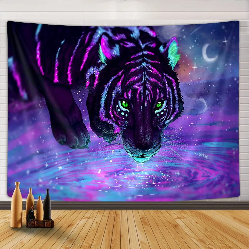 Ffiy Yoitea Psychedelic Tiger Tapestry Purple Galaxy Starry Fantasy Wild Animal Tapestry Trippy Space Tiger Blacklight Art Poster Tapestry Wall Hand