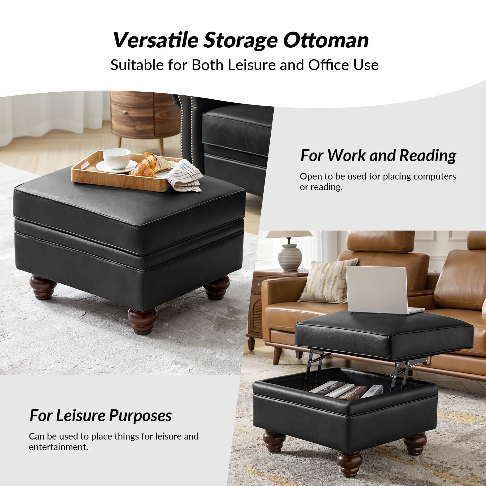 27" Square Ottoman Coffee Table Faux Leather Lift Top Storage Footrest Stool Bedroom Living Room Black