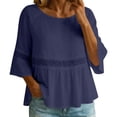 thumbnail image 2 of thefmos Women Summer Round Neck 3/4 Sleeve Lace Trim Flowy Boho Casual Pullover Tops Dressy Casual Loose Blouses Fall Shirts Clothes, Blue L, 2 of 8