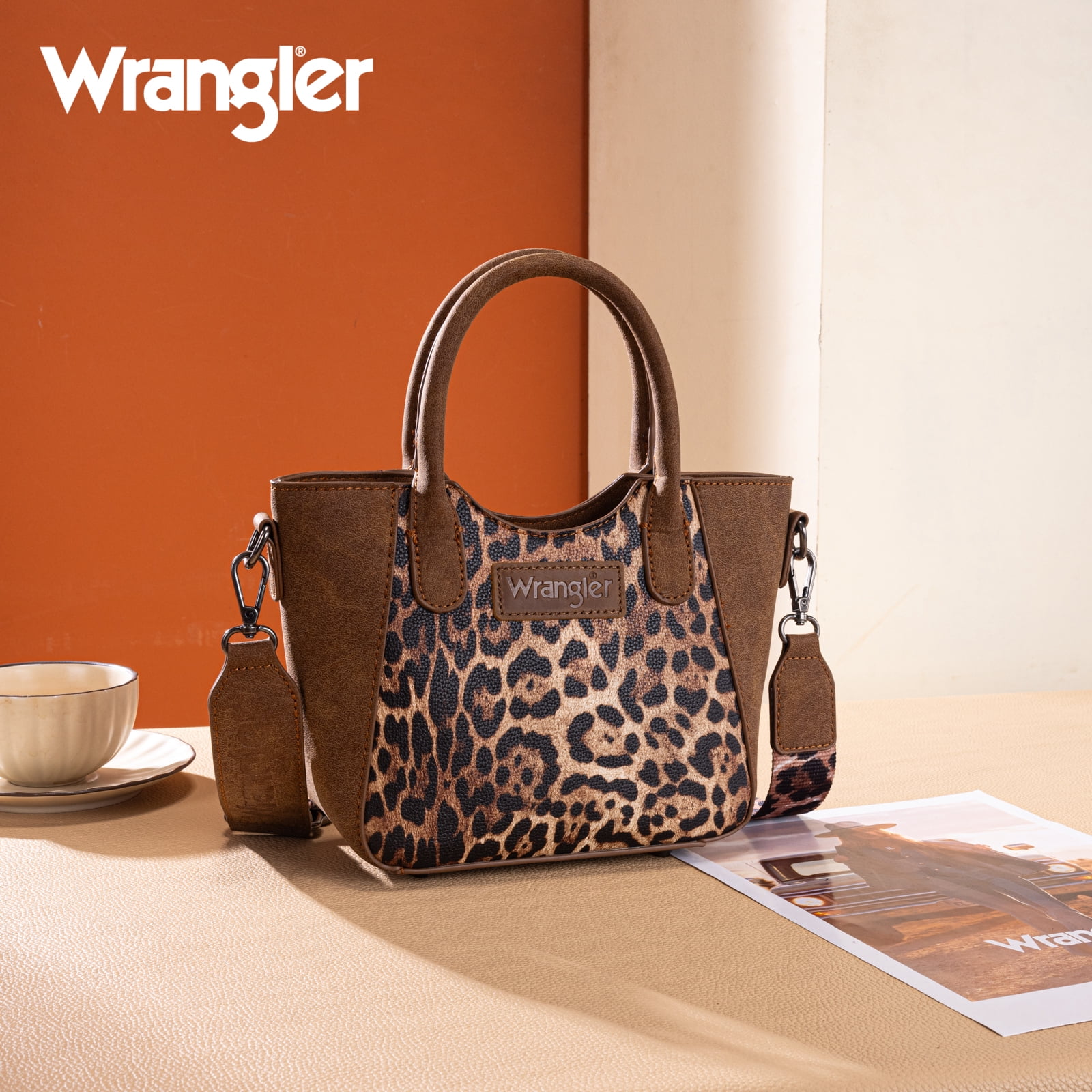 Wrangler Cute Animal Print Purse for Women Mini Fun Size Tote with Crossbody Strap Stylish and Versatile Animal Print Purse, Brown