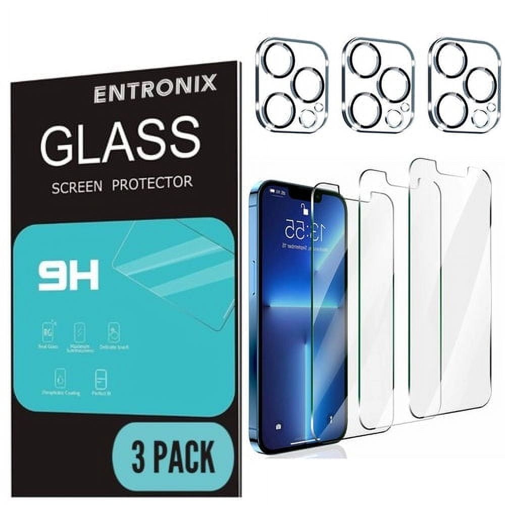 Entronix Tempered Glass Screen Protector for iPhone 13 Pro Max, 3 Tempered Glass with 3 Camera Glass Lens Cover Flim [Case Friendly][Scratch-Resistant]