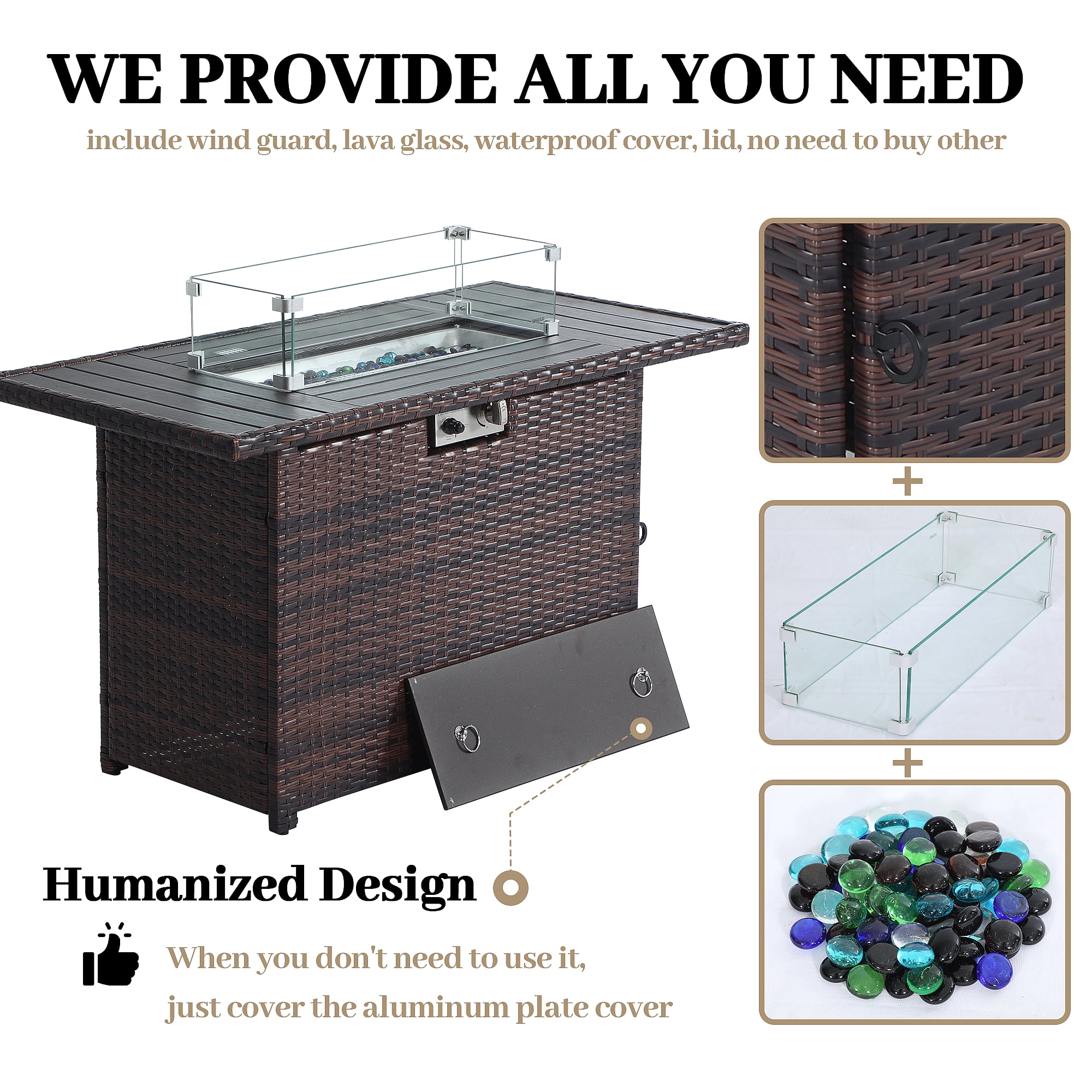 AstrPthylx 44-Inch Propane Fire Pit Table, Steel Gas Fire Feature with Iron Lid, Glass Rock, Rain Cover & Wind Guard for Patio, Backyard, Deck-Brown
