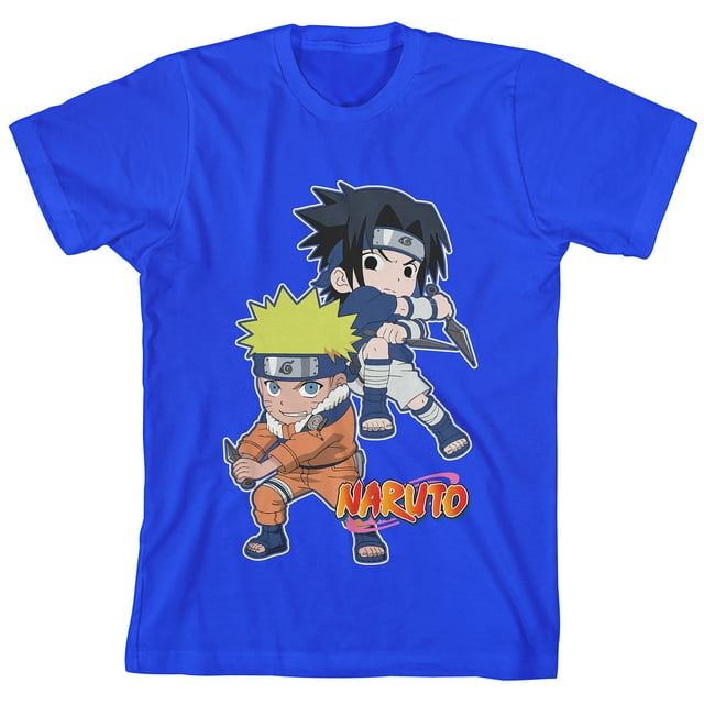 Naruto Tee-Shirt Classique Chibi Naruto et Sasuke Fight Stance Jeunesse Bleu Royal avec Manches Courtes et Col Rond-Petit