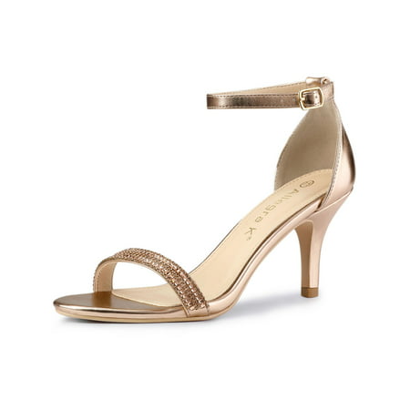 Women's Stiletto Heels Rhinestone Ankle Strap Sandals Rose Gold (Size