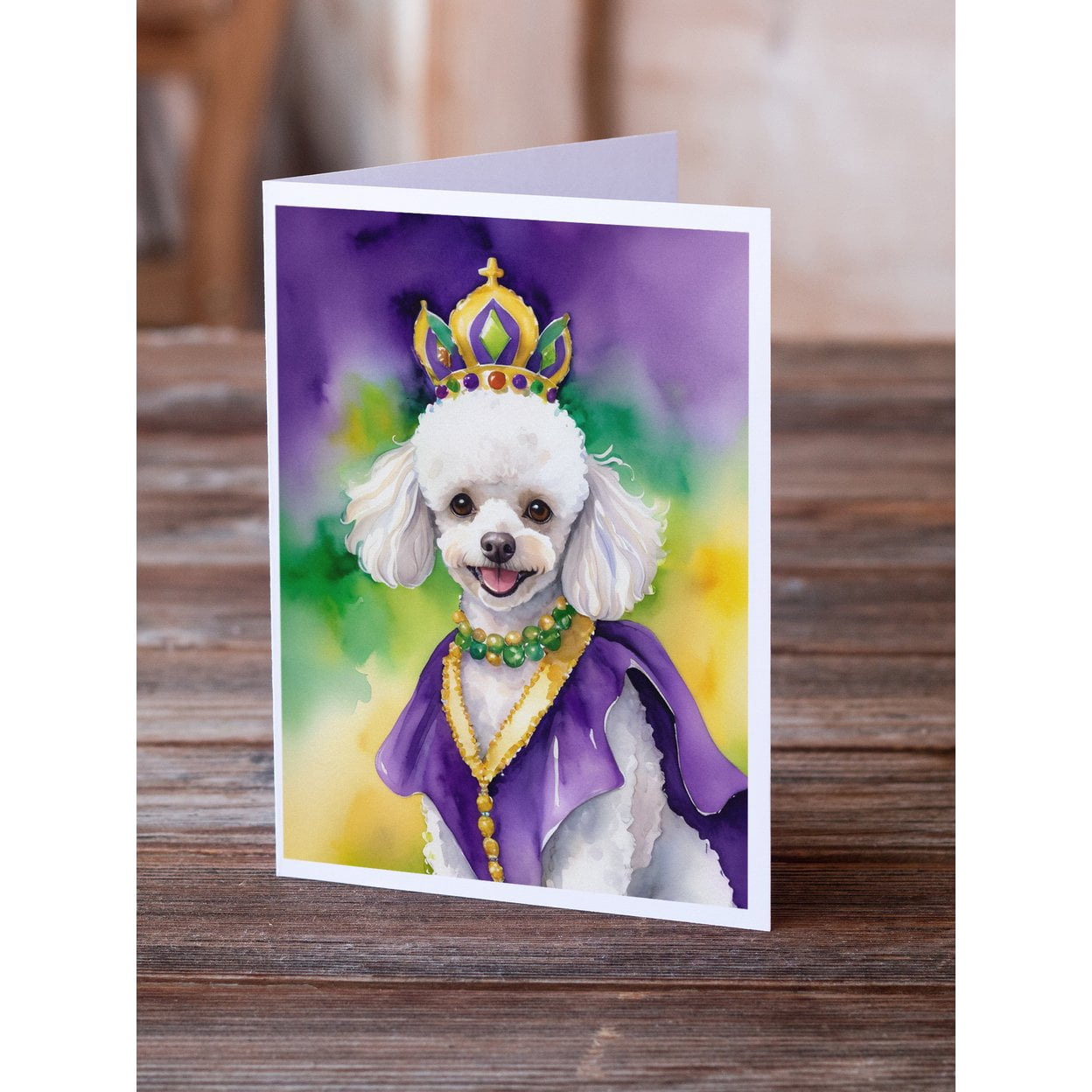 White Poodle King of Mardi Gras Greeting Cards Pack of 8 7 in x 5 in
