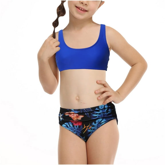 Fesfesfes Teen Girls Summer Swimsuits Casual Cute Floral Print Swimwear Sleeveless Beach Wear Bathing Suit Split Two-Piece Bikini Sets