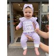 thumbnail image 4 of Cjfdfy  Newborn Baby Girls Fall Outfit Long Sleeve Little Sister Letter Embroidery Striped Romper And Pants Headband 3-piece Set Infant Baby Girl Ruffle Ribbed Fall Winter Clothes, 4 of 9