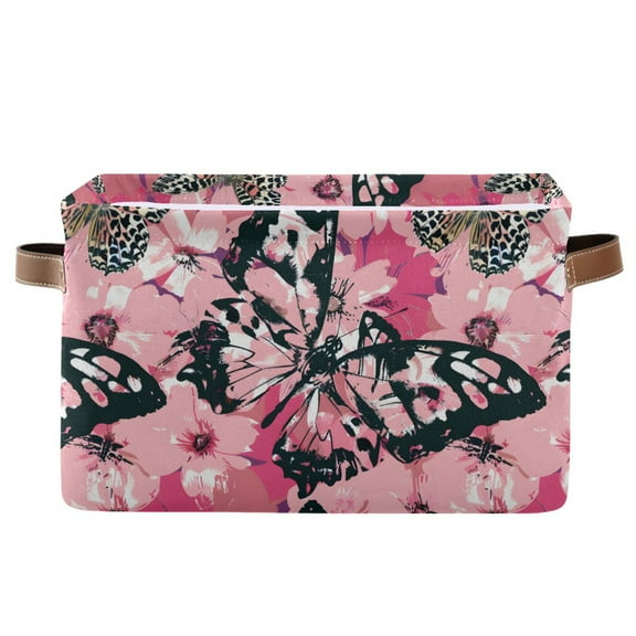 Pink Leopard Butterfly Storage Bins with Handle Fabric Organizer Basket Foldable Box 1 Pack 14.2x10.2x8.3