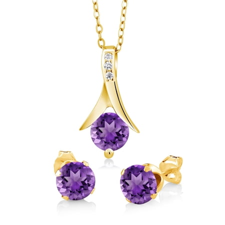 Gem Stone King 2.25 Ct Round Purple Amethyst 18k Yellow Gold Plated Silver Pendant and Earrings Jewelry Set 18 inches Chain