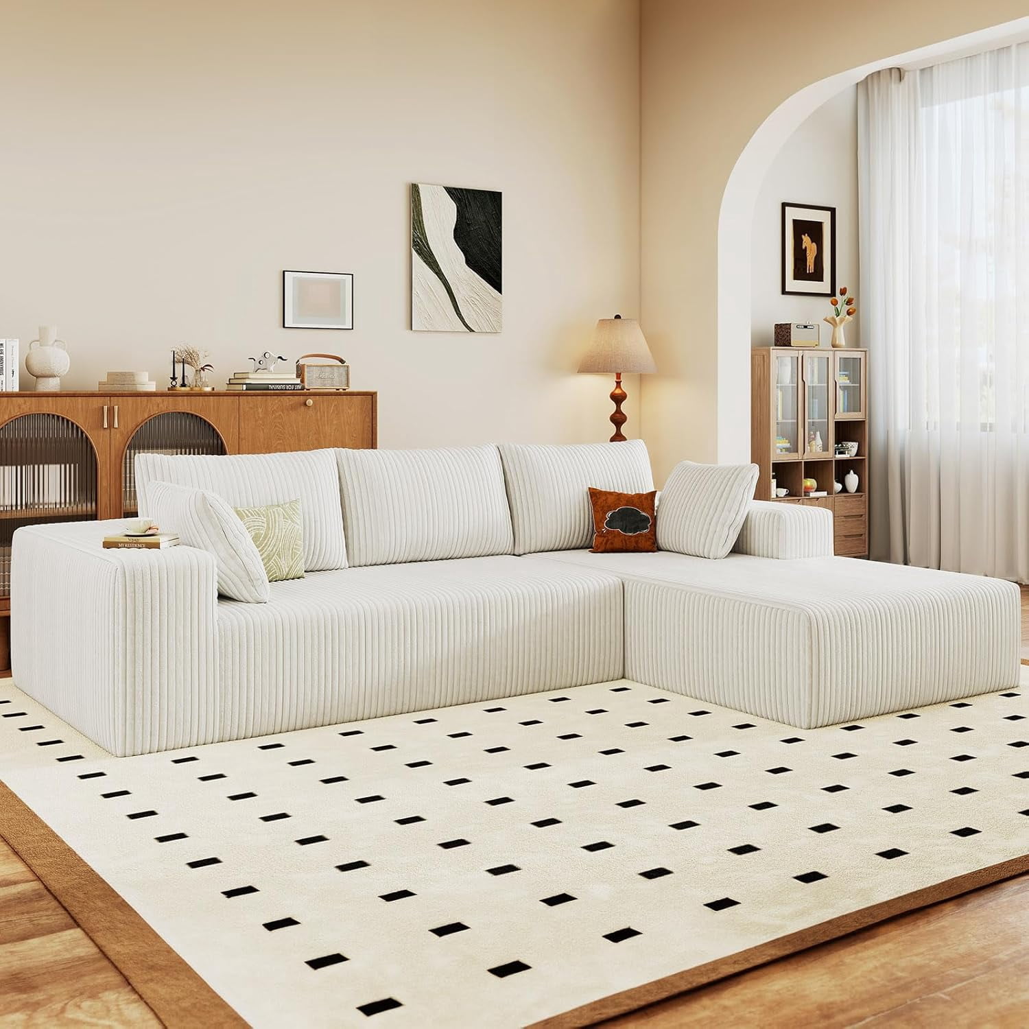 96-inch Modern Cloud Couch, L-Shaped Corduroy Sectional Sofa with Chaise, No Assembly Required, Deep Seating Modular Sofa for Living Room,White