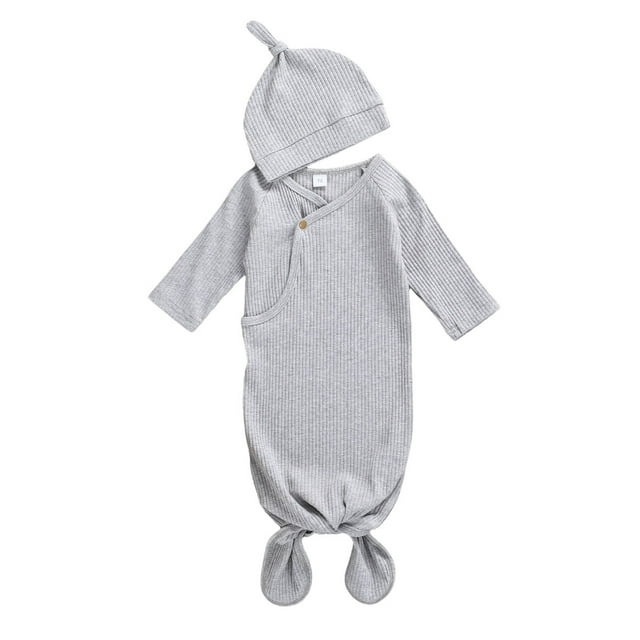 Gupgi 0-3M Newborn Baby Sleeping Bag Solid Color Knit Long Sleeve Sleepwear+Hat