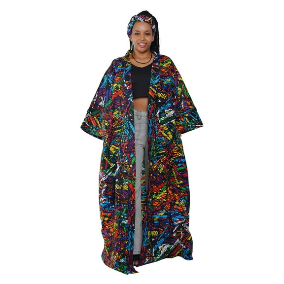 African Kimono Duster Robe with Head Wrap – Ankara Print Long Cardigan Jacket for Women, One Size Fits Plus Size, 100% Cotton African Attire with Belt & Pockets