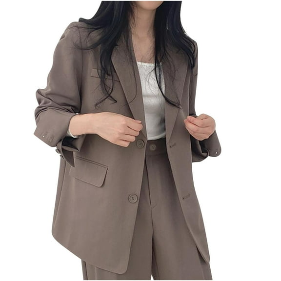 Scyoekwg Blazers for Women Business Casual Button Lapel Blazer Long Sleeve Lightweight Solid Color Trendy Offices Work Suit Fall Coats Coats(Brown,L)