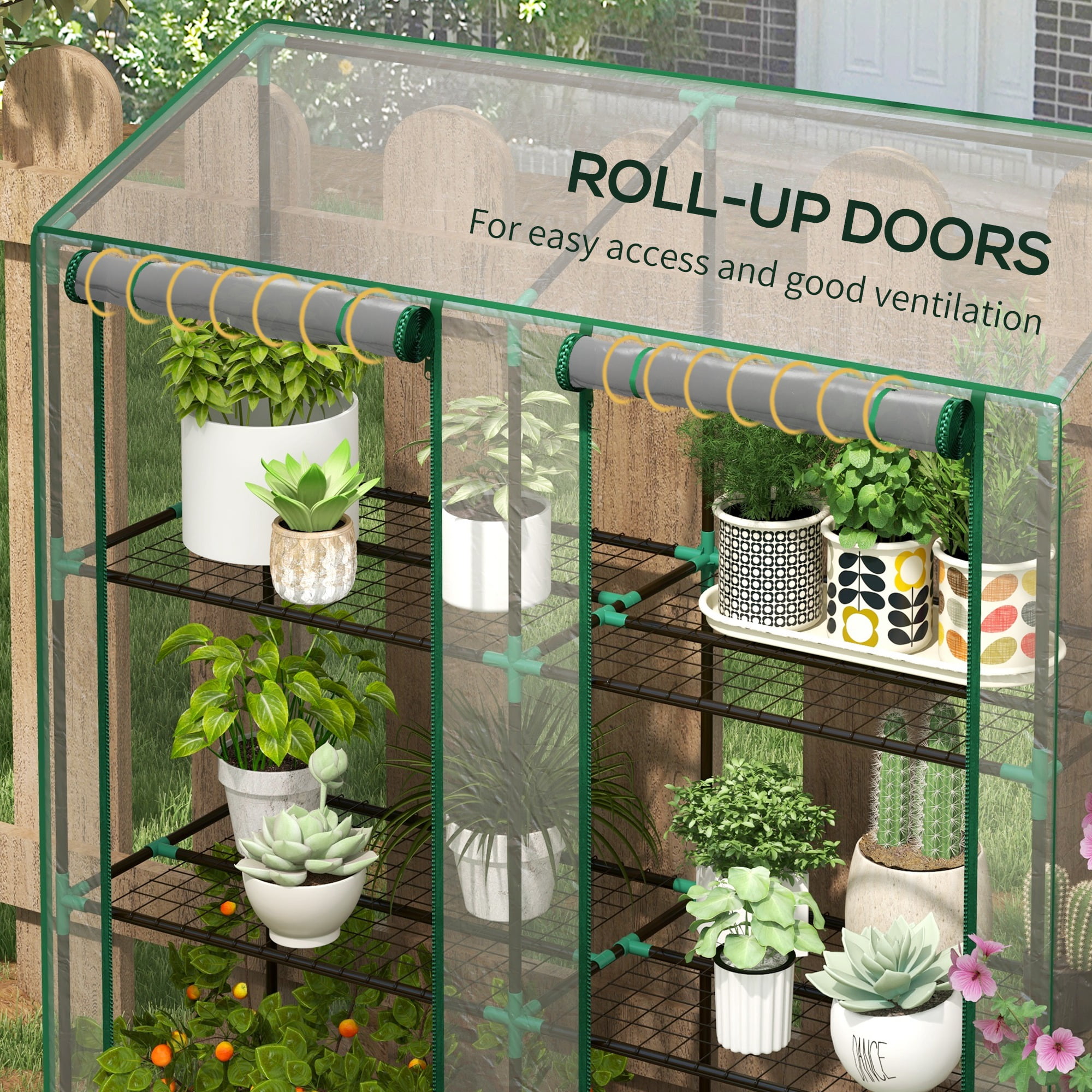 Outsunny 3 Tier Lean-to Greenhouse with 2 Roll-Up Zippered Doors, Transparent Plastic Cover, Portable Small Greenhouse, Clear