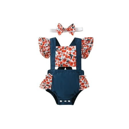 

Xingqing Newborn Baby Girls Romper with Headband Flying Sleeve Flower Printed Back Cross Straps Bodysuit Dark Blue 6-9 Months