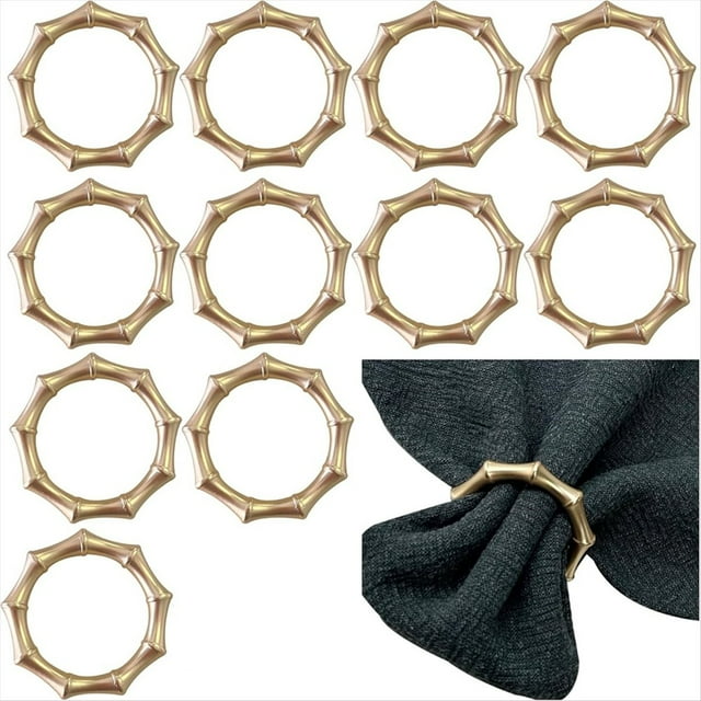 Juego de 12 Servilleteros Dorados de Bambú Mate para Cenas, Decoración Navideña y Mesas de Boda.