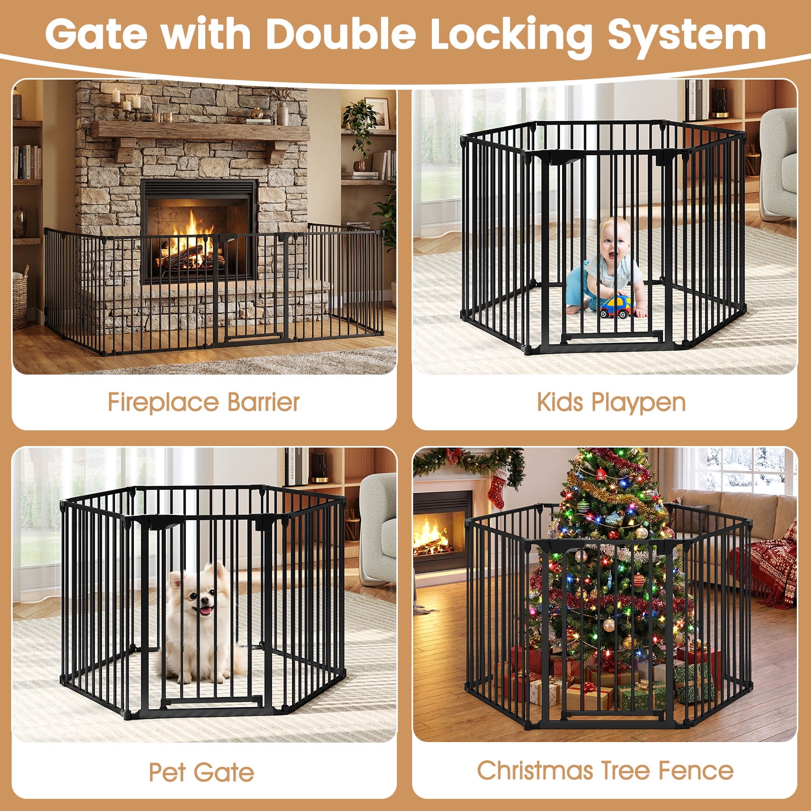 Gymax 6-Panel Adjustable Pet Safety Fence w/Auto-close Door & Double Locking System Black