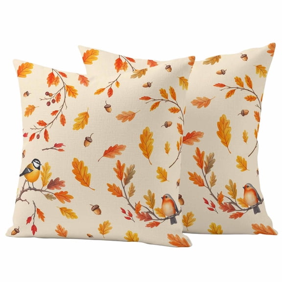 Orange Leaves Fall Outdoor Waterproof Pillow Covers, Birds Branches Pine Cones Decorative Square Throw Pillowcase Sofa Cushion Sham for Patio/Couch/Chair, 24"x24" 2 Pack