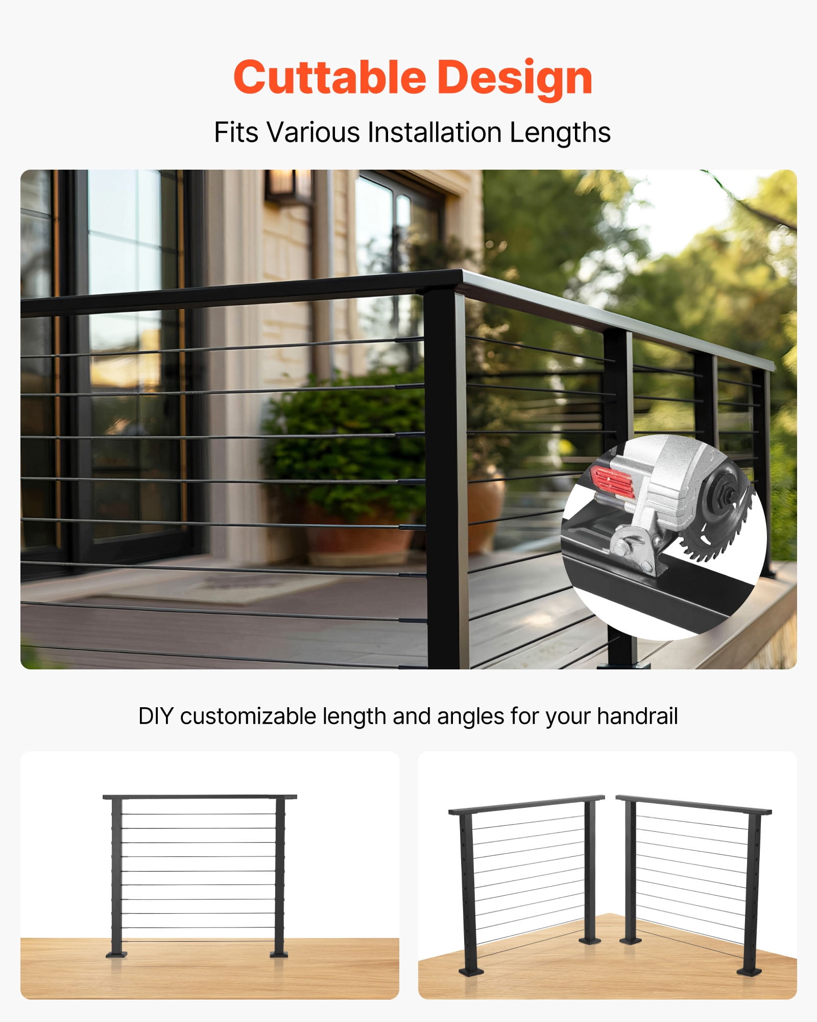 VEVOR 6.5 ft Stainless Steel Handrail, Rectangular Top Stair Deck Hand Rail for Outdoor/Indoor Steps with End Cap,Matte Black Coating Adjustable Metal Stair Rail for Cable Railing Kit