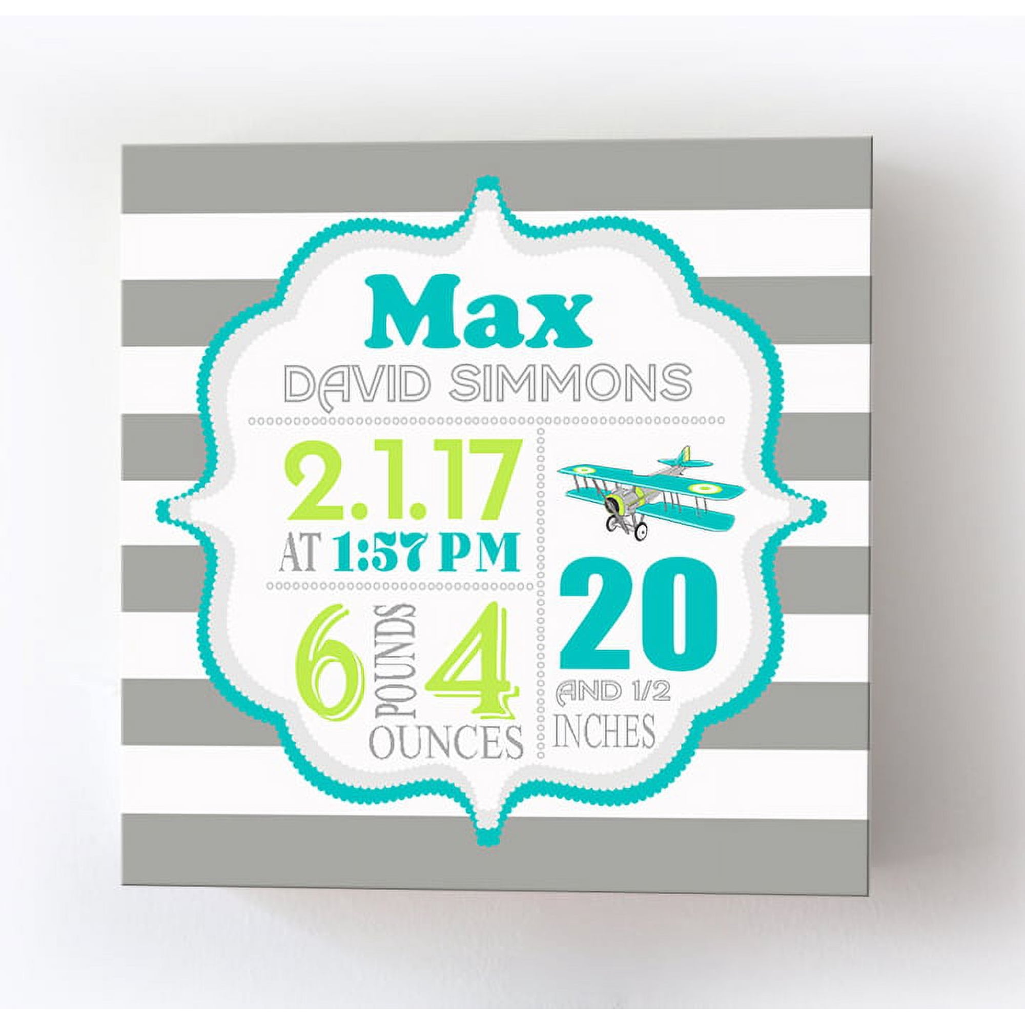 Personalized Canvas Birth Announcement Nursery Decor Gift, Airplane Design, Custom Name, Date, Weight & Length, Unique Boys & Girls Baby Shower Wall Art Presents, Color Gray # 6, Size - 16x16