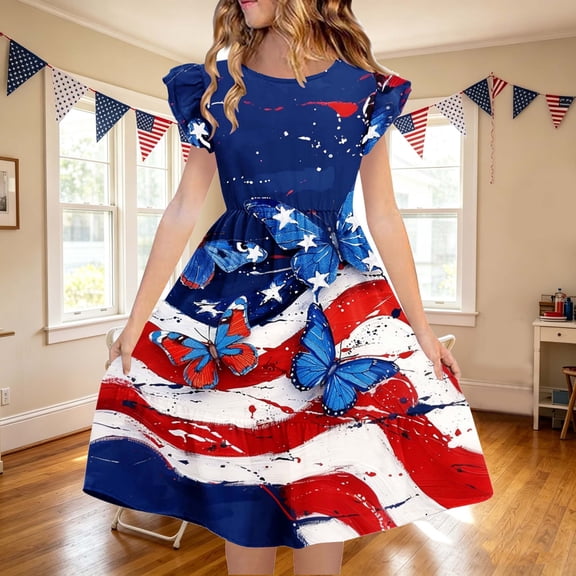 Avrnliq Girls 4th of July Dress Short Sleeve Ruffle Patriotic Midi Dress Casual Holiday Outfit,Size 13-14 T