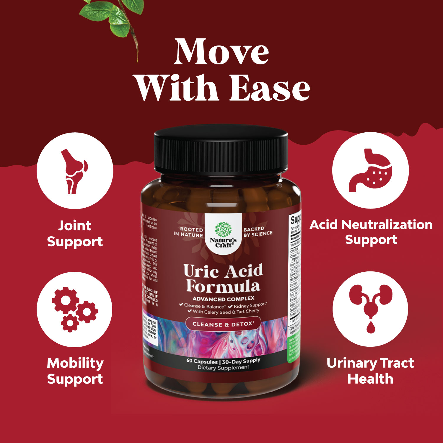 Natures Craft Uric Acid Cleanse, Joint and Kidney Support Supplement with Bromelain and Tart Cherry, 60 Ct