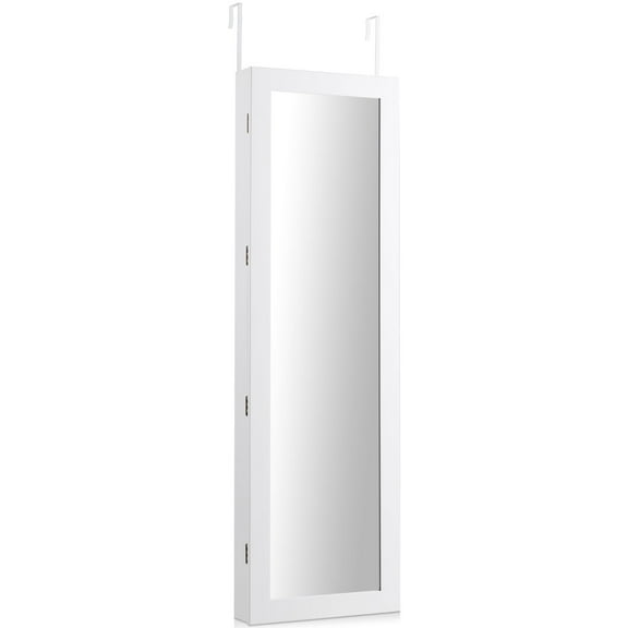 Patiojoy Lockable Armoire Dressing Organizer Wall Door Mounted Mirrored Jewelry Cabinet w/ LED Lights White