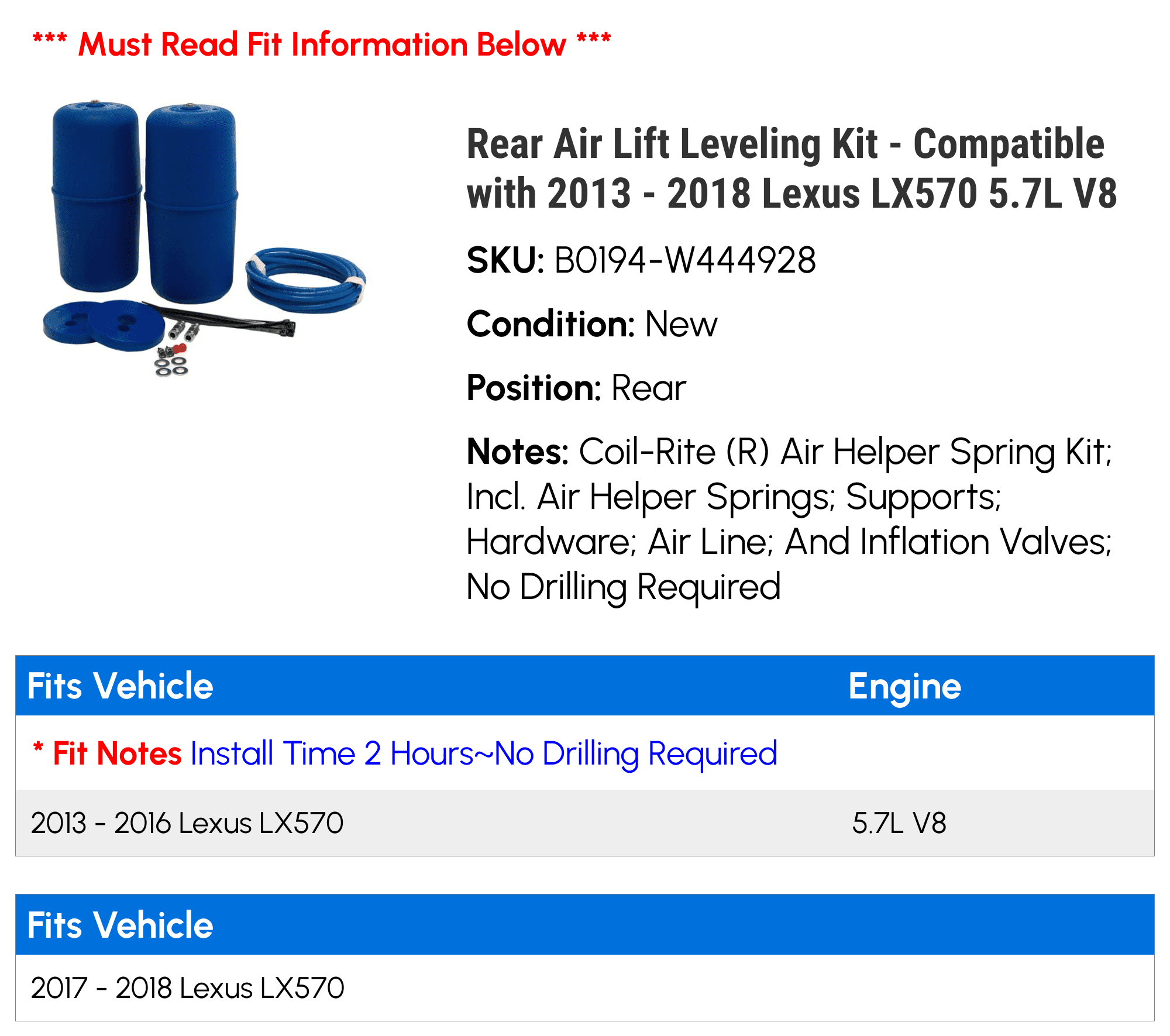 Rear Air Lift Leveling Kit - Compatible with 2013 - 2018 LX570 5.7L V8 2014 2015 2016 2017