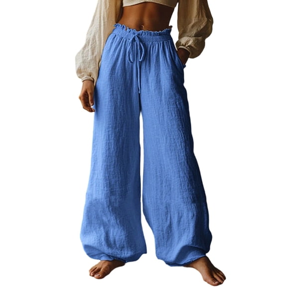 Women's Pants with Pockets,Women's Balloon Pants Drawstring Elastic Waist Palazzo Wide Leg Harem Pants Y2K Baggy Casual Barrel Lantern Trousers
