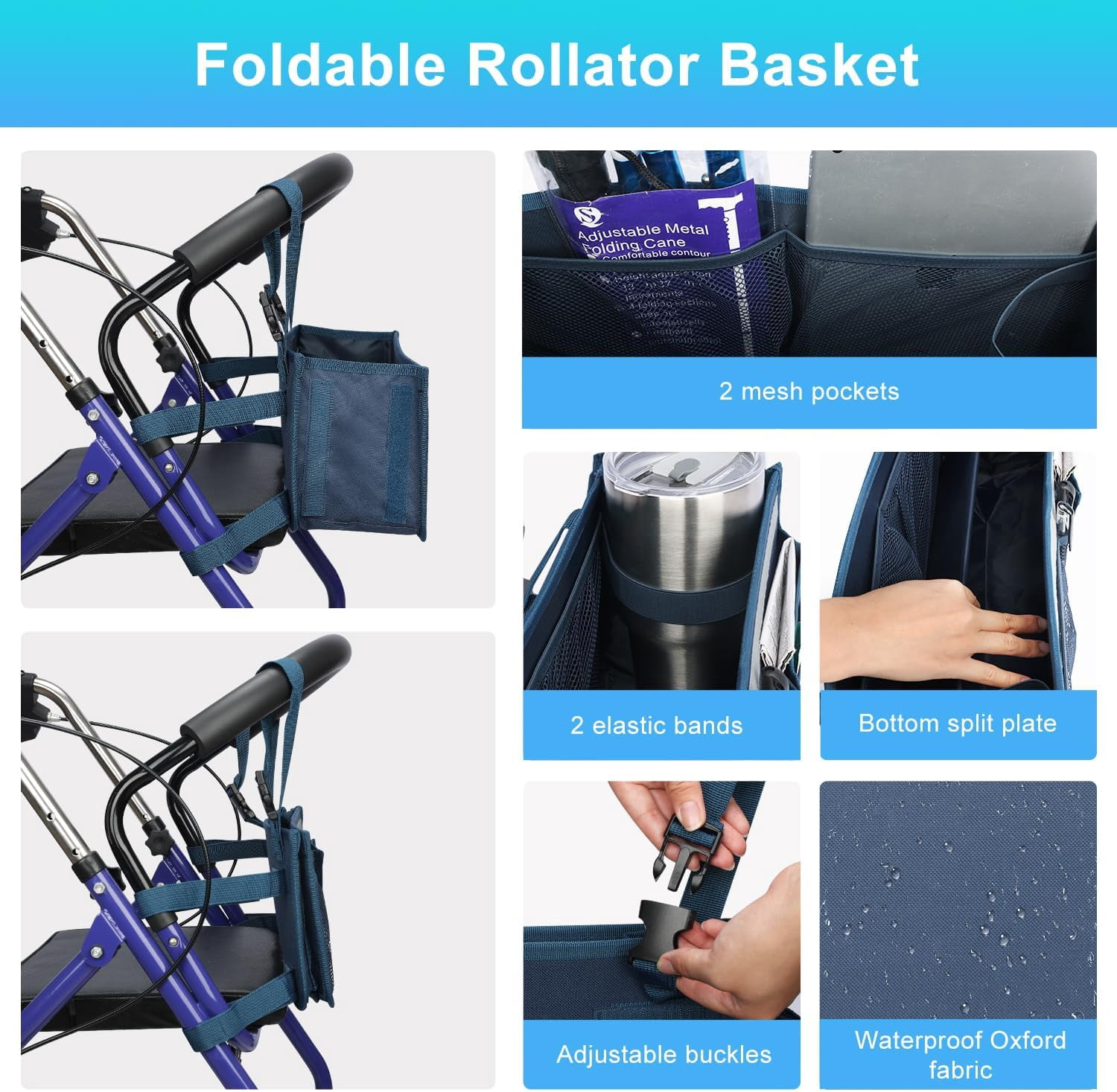 SupreGear Rollator Basket Bag, Foldable Waterproof Storage Pouch with Cup Holder for Rollator, Dark Blue