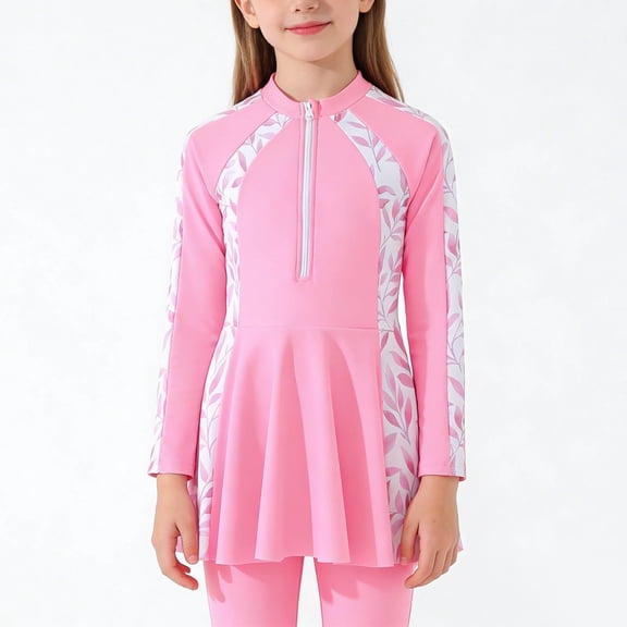 lnmuld 2 Piece Girls UPF 50 Floral Print Front Zipper Rash Guard Swim Shorts Set Color:Pink,Size:7-8 Years