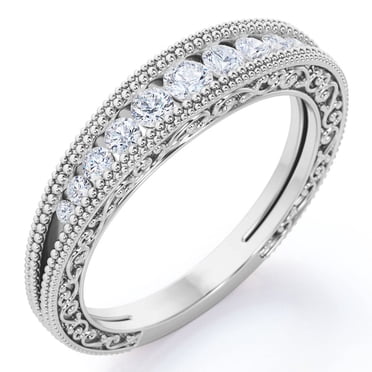 JeenMata 0.25 Carat Round Cut Lab Grown Diamond Filigree Anniversary Ring - Lab Diamond Tapered Band-Milgrain Bridal Band - Birthday Gift - 10K White Gold