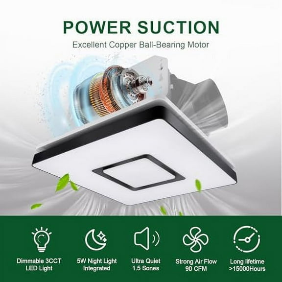Akicon Exhaust Fan, 90 CFM, 1.5 Sones Bathroom Fan Light Combo, 15W Dimmable 3CCT LED Light with 5W Night Light Ventilation Fan with Light for Bathroom and Home, Square, Matte White