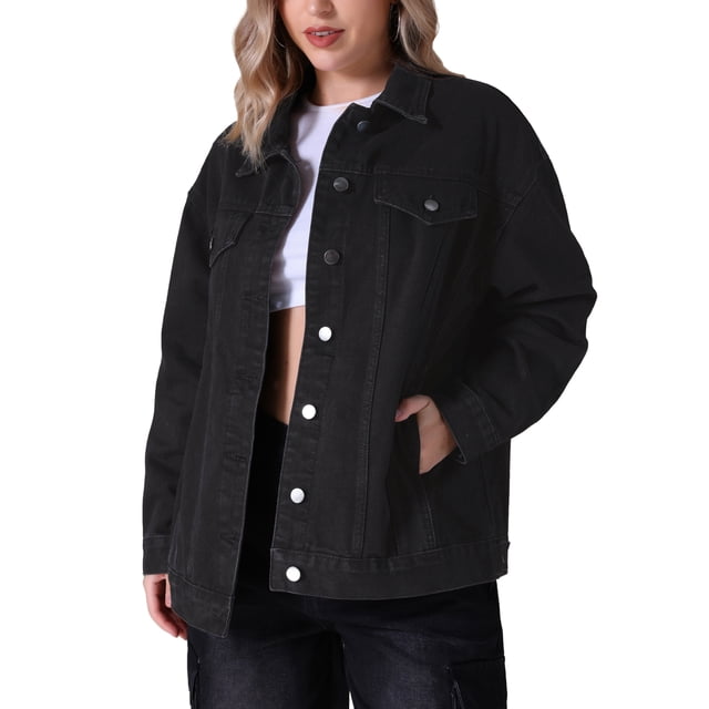 Chaqueta de mezclilla de manga larga y botones para mujer INSPIRE CHIC, oversized, con bolsillos, color negro