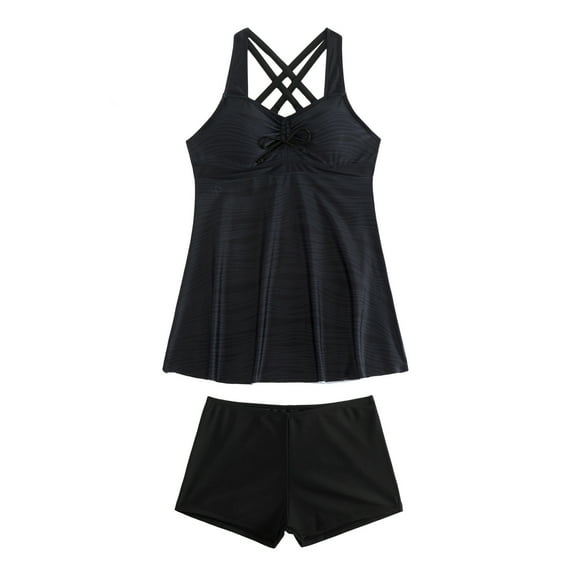 Women's Two-Piece Tankini Swimsuit Set with Crisscross Straps and Boyshorts, Pink and Blue, Comfortable and Stylish