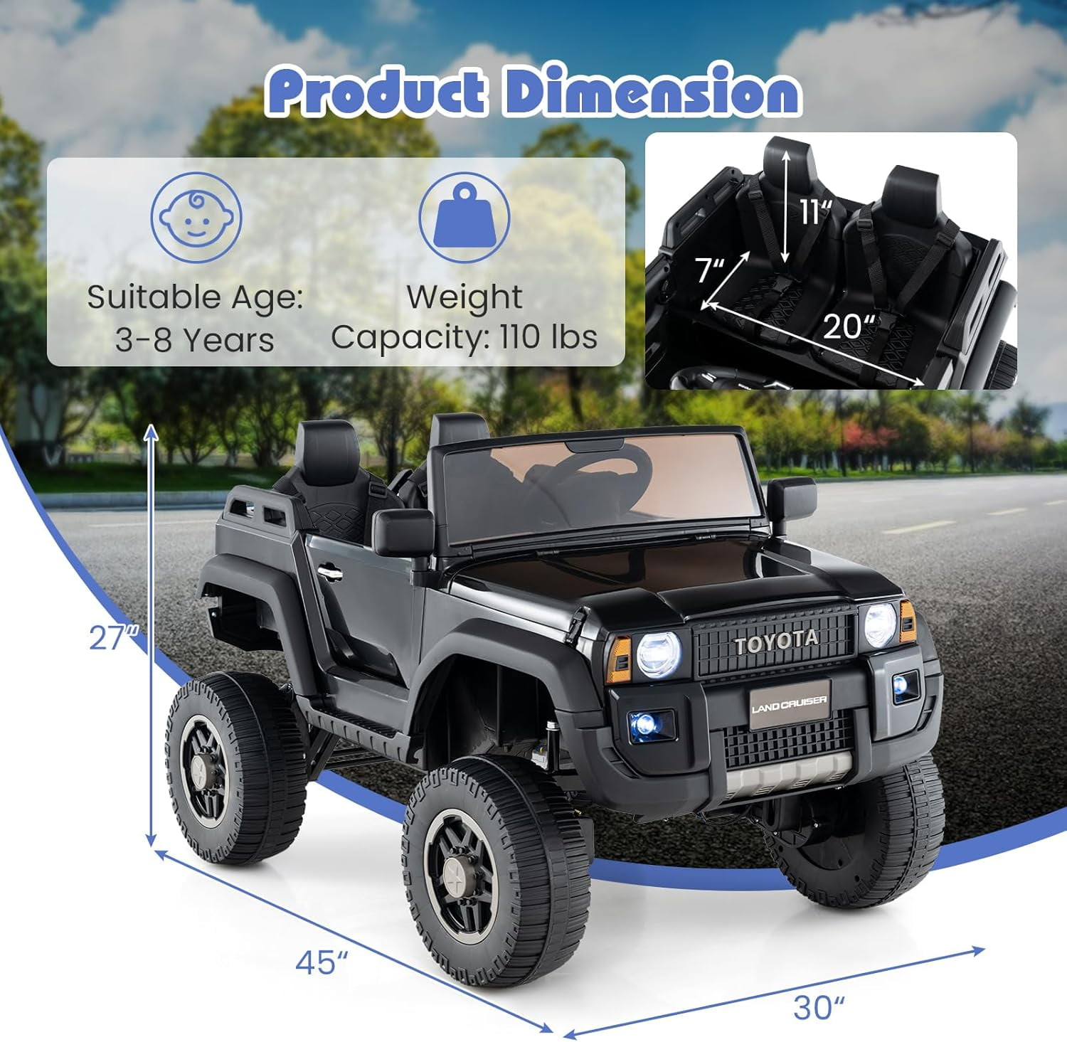 Licensed Toyota LC250 24V 2 Seater Ride on Truck by OLAKIDS, 2WD/4WD Battery Powered Vehicle with Remote Control, 3 Speeds, Music, Lights, Kids Electric Car for 3+ Boys Girls