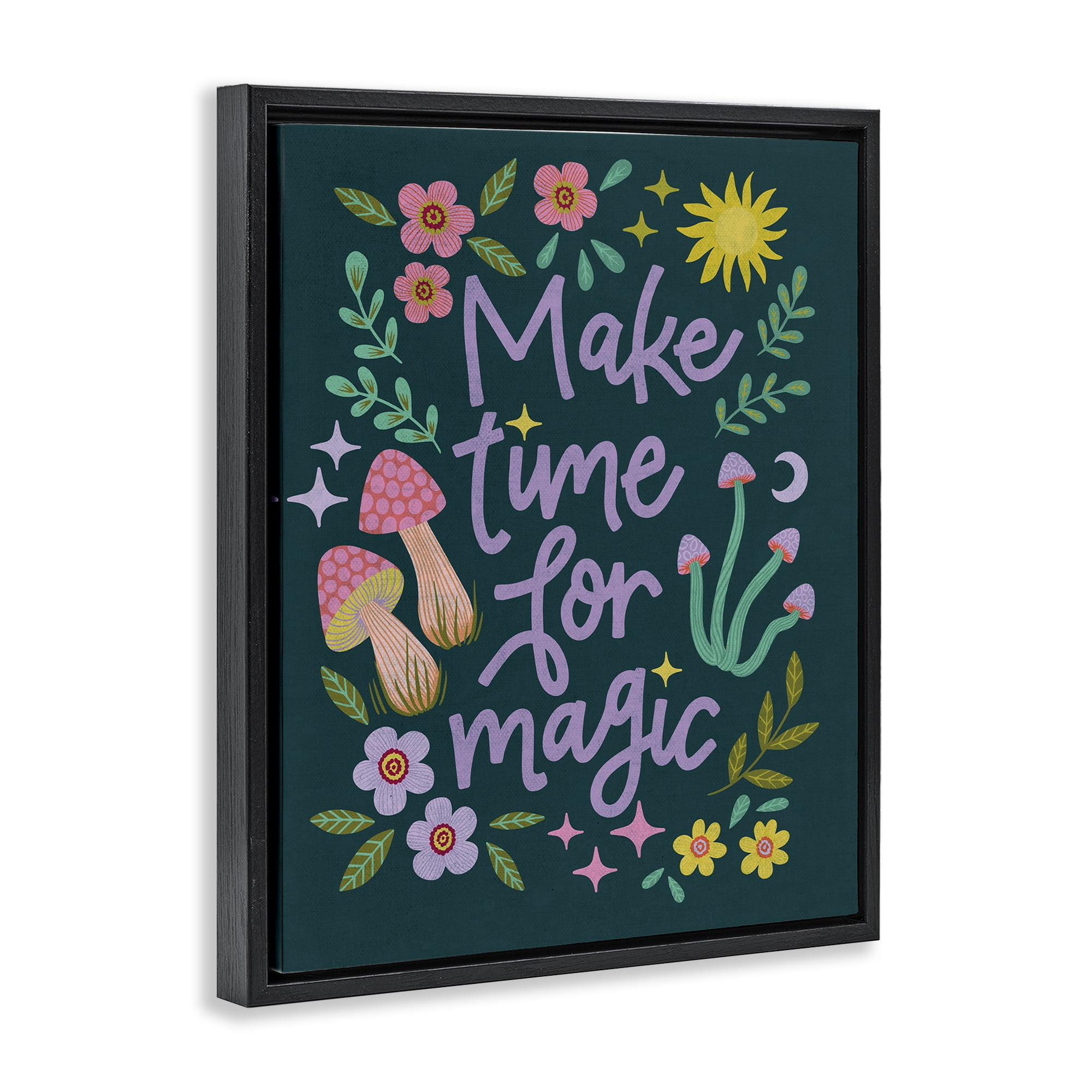 Stupell Industries Time For Magic with Florals Plants & Flowers Painting Black Floater Framed Canvas Art Print Wall Art, 17 x 21