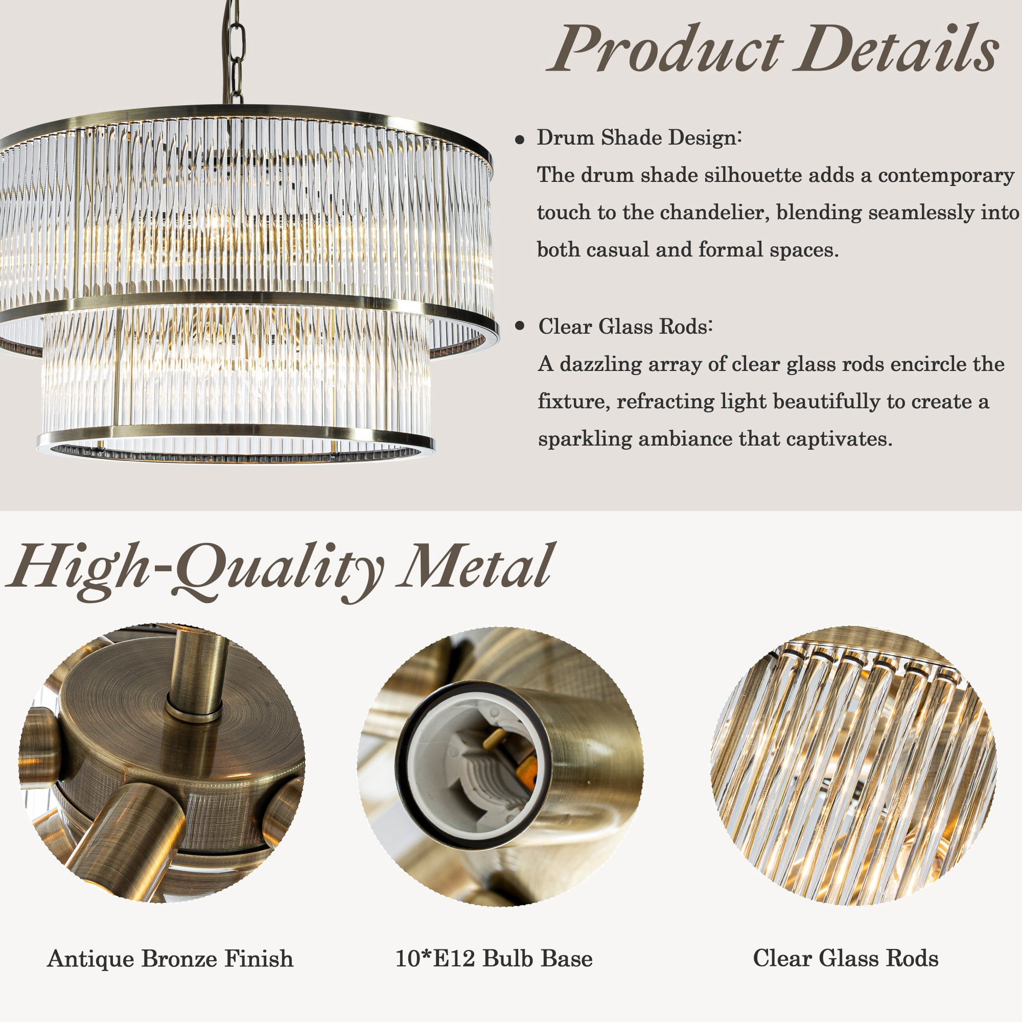 W21in Modern Glam 10-Light 2 Tiered Glass Drum Chandelier in Antique Bronze Contemporary Round Adjustable Hanging Light For Living Room Dining Room