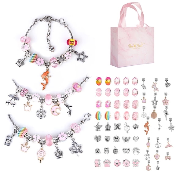 Charm Bracelet Making Kit,Jewelery Making Kit for Girls DIY Handmade Crafts Jewelry Making Charms Bracelet Making Set with Exquisite Gift Box Pink