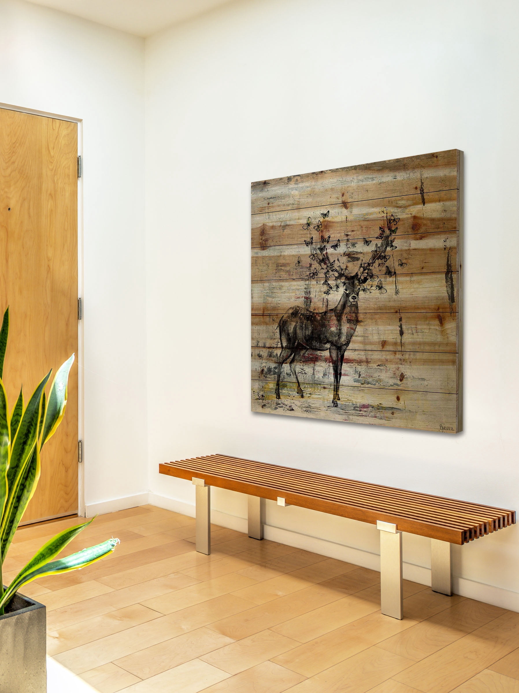"Butterfly Antlers" Painting Print on Natural Pine Wood