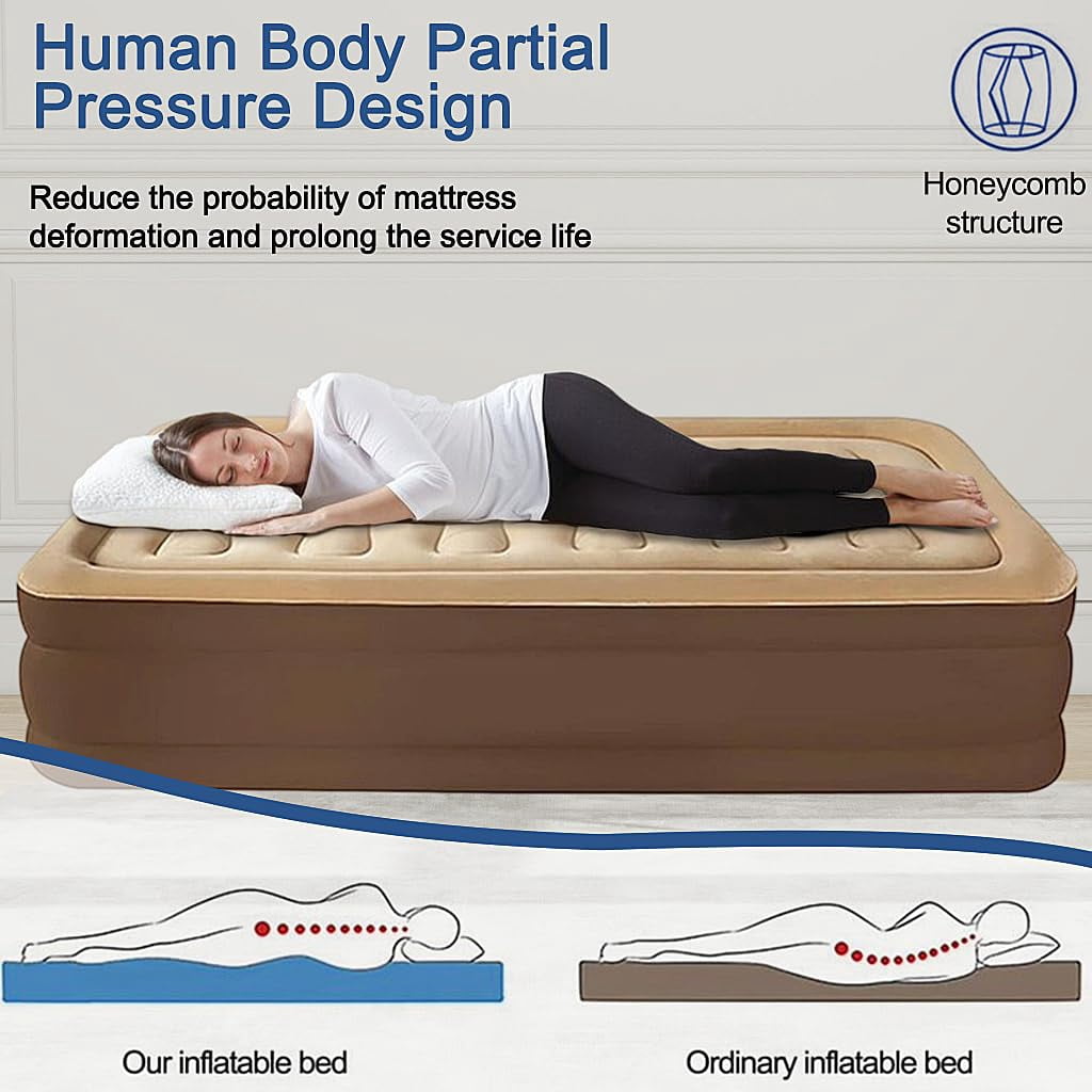 XunKA Air Mattress Queen with Built-in Pump and Headboard，Inflatable Portable Mattress for Home, Camping & Guests,Brown.