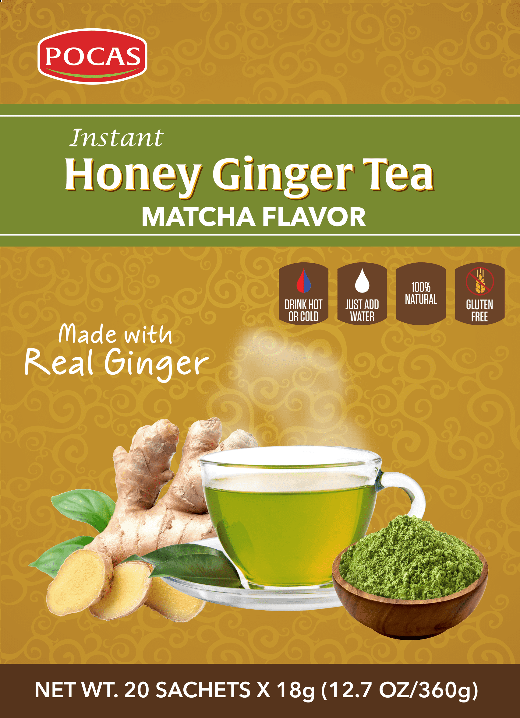 Pocas Honey Ginger Tea, Matcha, 12.7 Ounce, 20 Bags (Pack of 2)