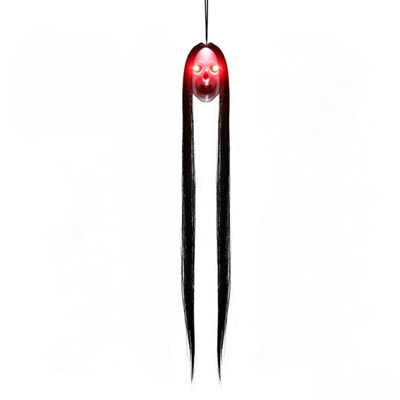 JWZZYD Long Hair Hanging Ghost Halloween Decor, 24 Inch Glowing Red LED Eyes Scary Specter Ornament, Creepy Haunted House Prop for Yard Porch Indoor Halloween Party Scene Layout