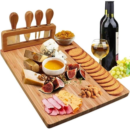 Cheese Board Charcuterie Board Set: Bamboo Cheese Tray Cheese Board Set, Wine Meat Serving Platters with Cheese Knife Set, Charcuterie Boards Gift Set for House Warming, Wedding, Anniversary