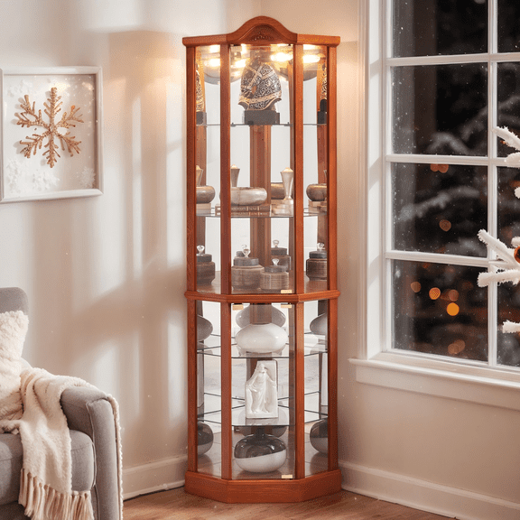 Eyisean 72" H Lighted Corner Display Curio Cabinet, Wooden Curved Bookshelf with Tempered Glass Door, Bar and Liquor Storage Area with 6 adjustable Shelves, for Collectibles, Toys, Books