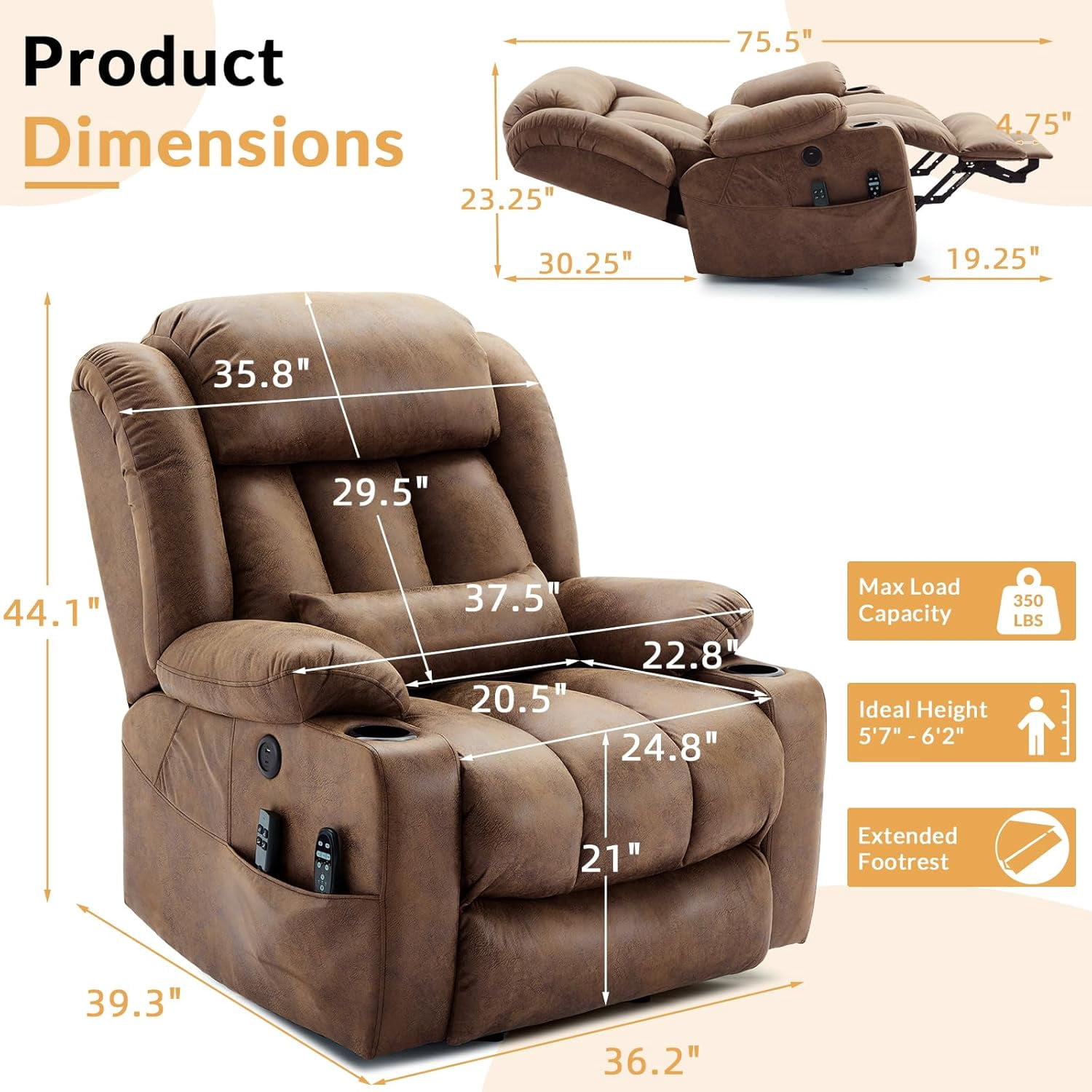 Oversized Dual Motor Power Lift Recliner for Elderly, Extended Footrest, Large Infinite Position Lay Flat Chair for Living Room with Massage & Heat, Lumbar Pillow, USB & Type-C Ports, Brown