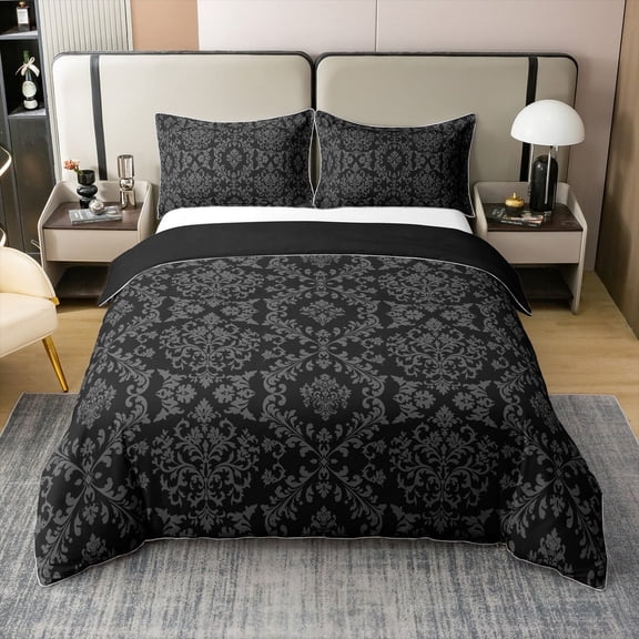 Erosebridal Boho Black Grey Damask 100% Cotton Duvet Cover Queen Size, Victorian Baroque Bedding Sets Queen Size, Reversible 3 Pieces (No Comforter)