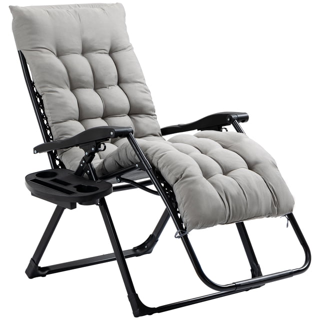 Outsunny Padded Zero Gravity Chair in grey, a foldable and portable recliner with adjustable backrest, removable cushion, and cup holder tray. Made with breathable mesh fabric and steel frame, supporting up to 264 lbs. This anti-gravity chair is ideal for outdoor patio, deck, poolside, or campsite use.