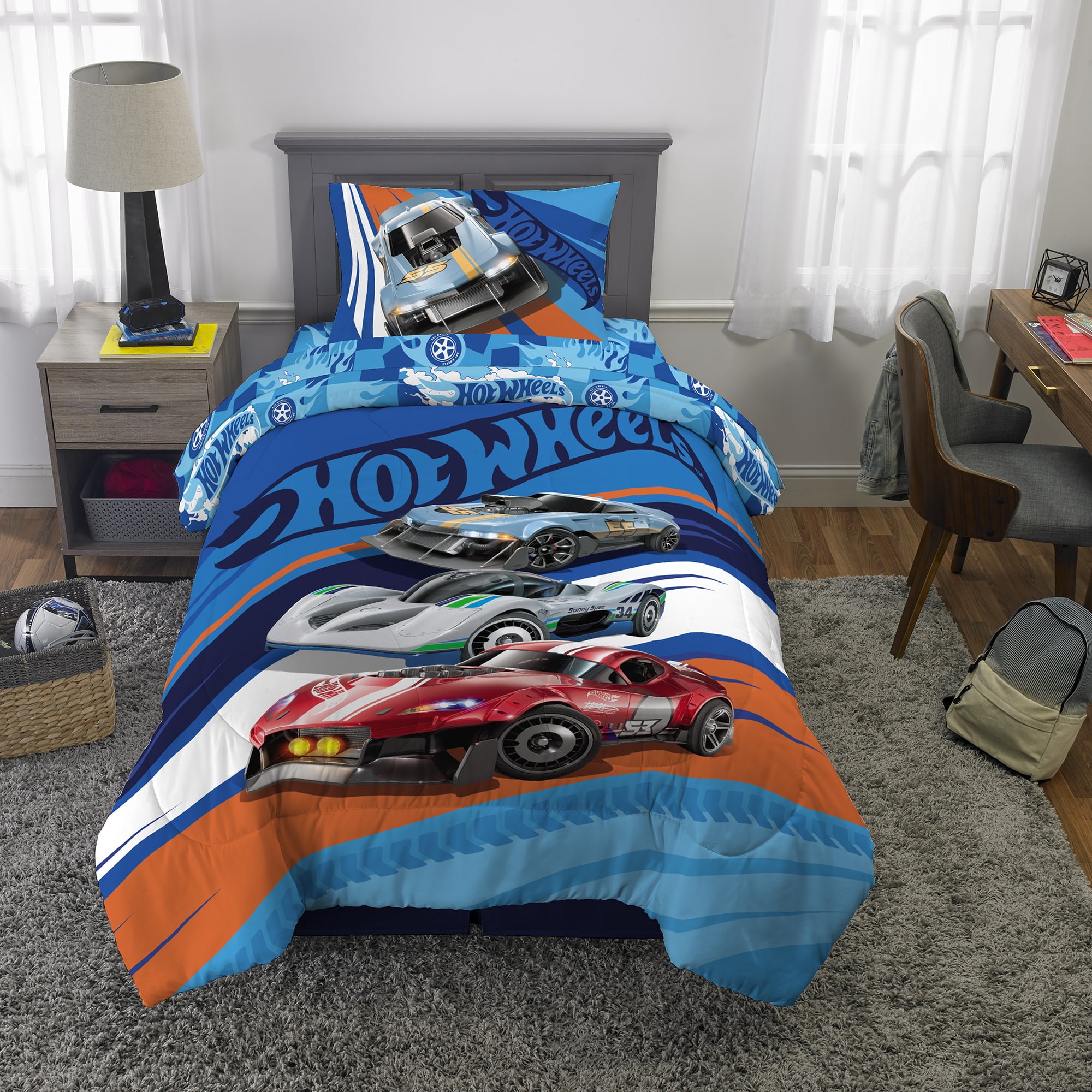 Hot Wheels Kids Twin Bed in a Bag Comforter and Sheets. Mattel Walmart