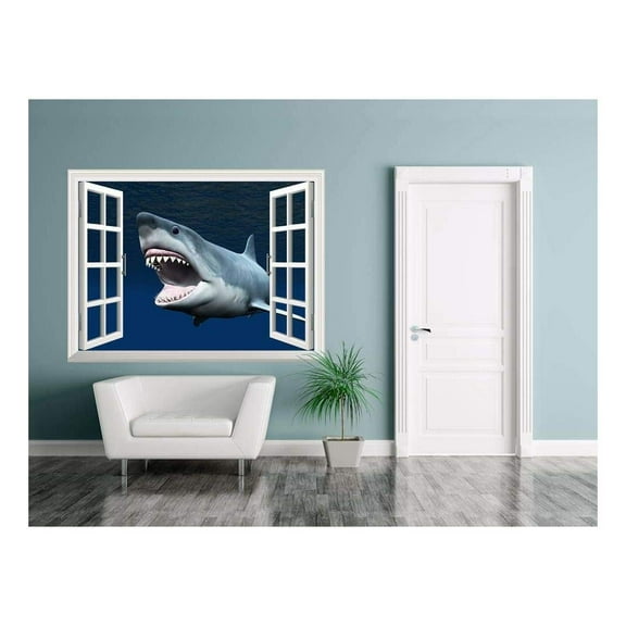 wall26 Removable Wall Sticker/Wall Mural - Great Shark Under The Deep Ocean | Creative Window View Home Decor/Wall Decor - 24" x 32"